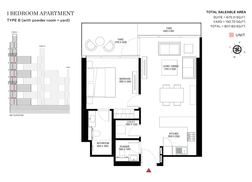 1 bed layout floor plan-Sobha One Dubai