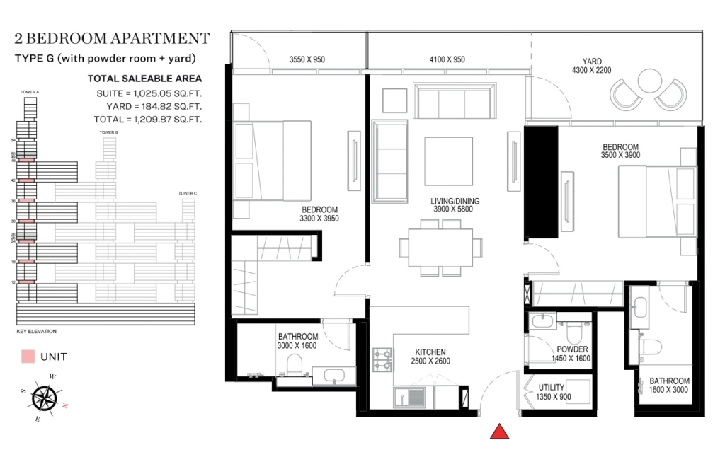 2 bedroom layout floor plan-Sobha One Dubai